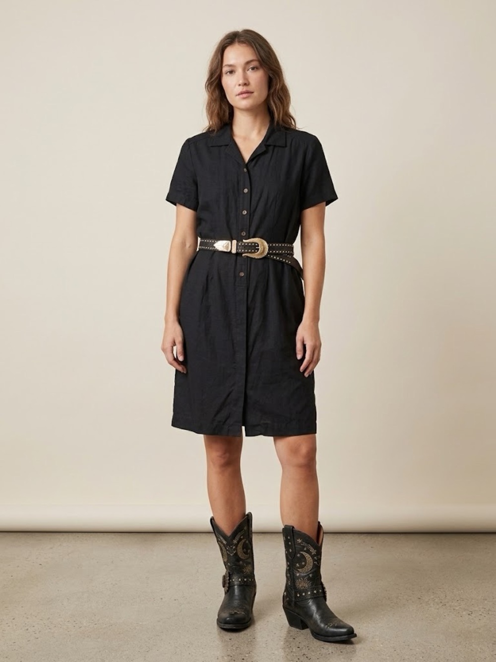 Anna and Frank Vintage 100% Raw Silk Midi Shirt Dress Black Medium Whimsigoth